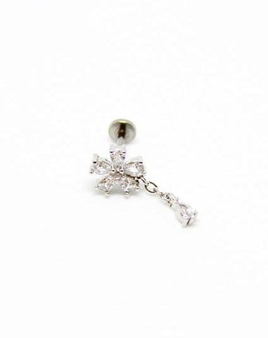 Piercing Oreille en Acier chirurgical avec strass Couleur Silver motif fleur avec pendule PO-095